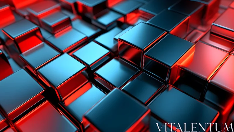 Futuristic metallic cubes with blue and red lighting, 3D digital art.