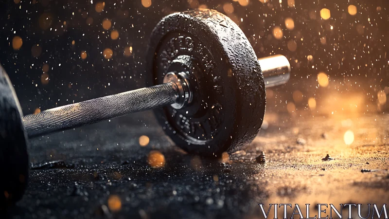 Wet steel barbell rests on gritty gym floor under sparks.