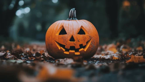 Carved jack o lantern on leaf covered forest path.