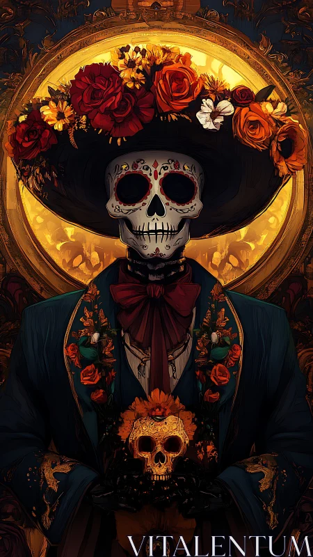 Elegant D&iacute;a de Muertos skeleton glows in gilded halo.
