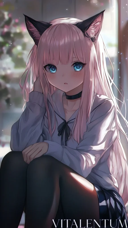 Pink haired anime catgirl sitting indoors in soft light.