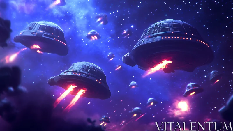 Orbital saucer armada with plasma propulsion in deep nebula field.