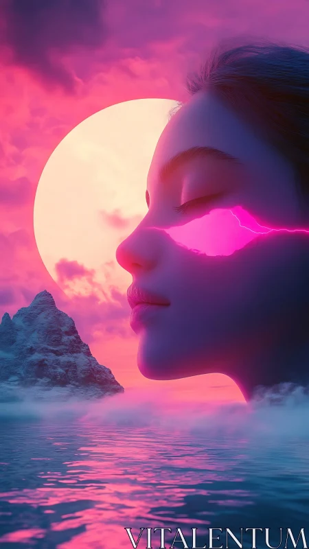 Neon moonrise hums against a dreaming electric shoreline face