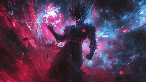 Fierce anime warrior glowing with swirling cosmic power.