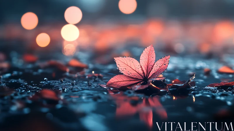 Rainlit crimson leaf blooms against dreamy city bokeh.