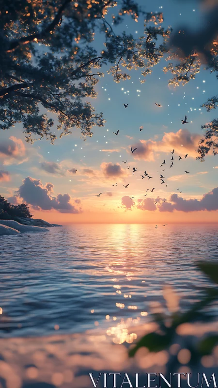 Sunset shoreline panorama renders ethereal flock and bokeh glow