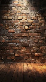Old brick wall and wooden floor in warm spotlight.