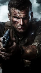 Battle-hardened soldier aiming pistol in smoky chaos.