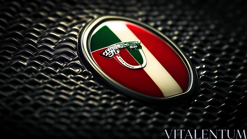 Italian tricolor car emblem on dark perforated metal grille.