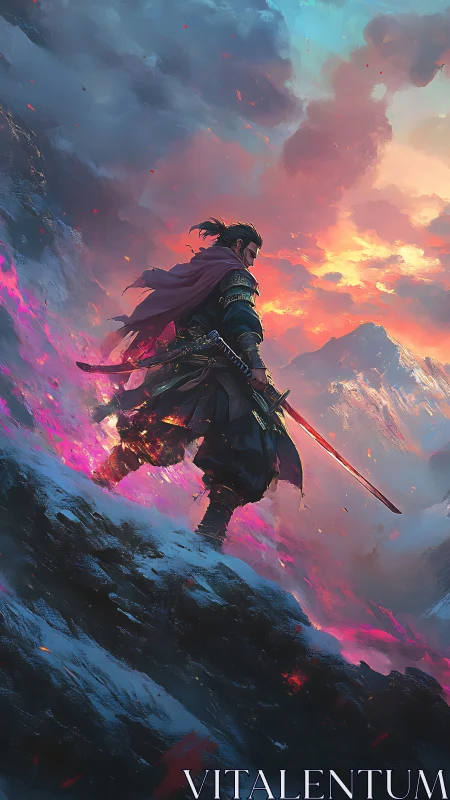 Samurai silhouette on molten ridge under incendiary sky.