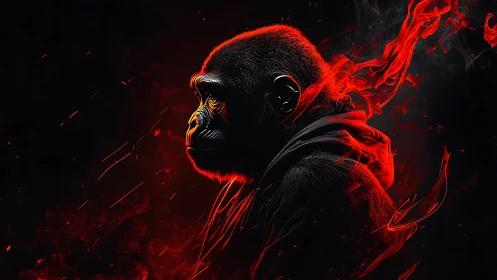Fiery neon gorilla profile emerges from shadows and smoke