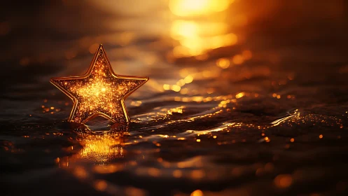 Glowing metallic star ornament rests in shallow water at sunset