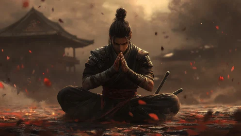 Meditating samurai in autumn battlefield haze, cinematic lighting
