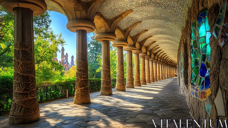 Sunlit stone colonnade with mosaic glass in lush garden.