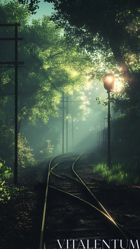 Curved forest railway glows under soft morning backlight