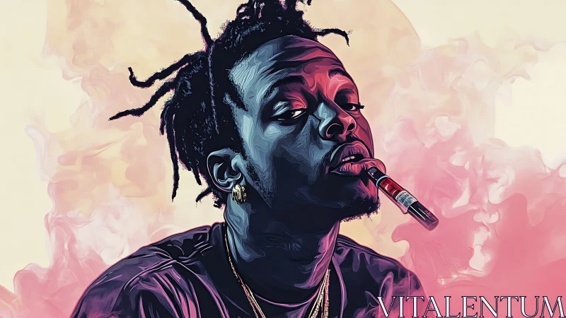 Neon portrait of cool smoker amid swirling pink haze.