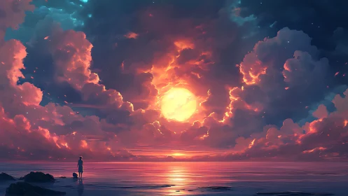 Vivid sunset sky over calm ocean with lone figure