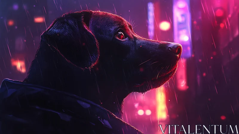 Neon drenched canine profile in rain soaked cyberpunk alley.