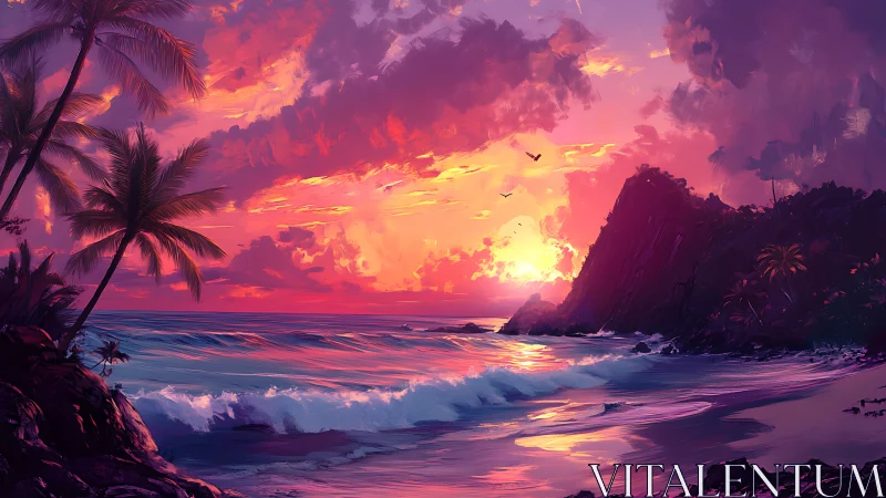 Radiant tropical sunset over surf and silhouetted cliffs.