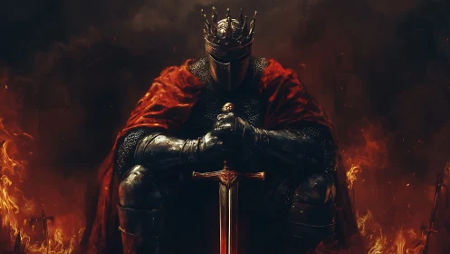 Crimson-caped dark king kneeling with sword amid firestorm.