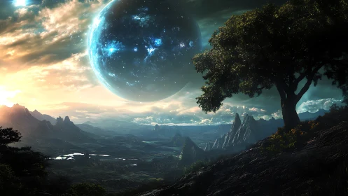 Colossal alien planet above tranquil twilight valley panorama.
