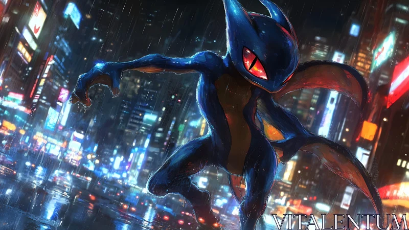 Bioluminescent creature stalks neon city under dynamic rain lighting