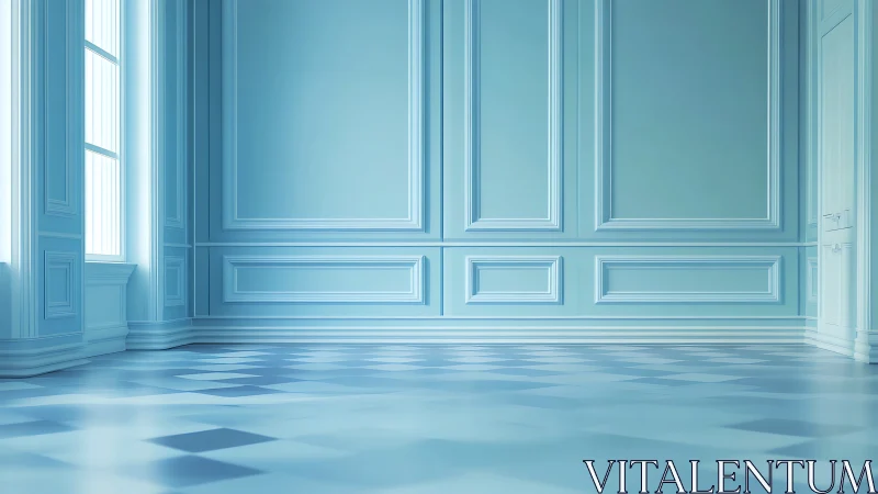 Sunlit blue neoclassical room glows with soft minimal calm