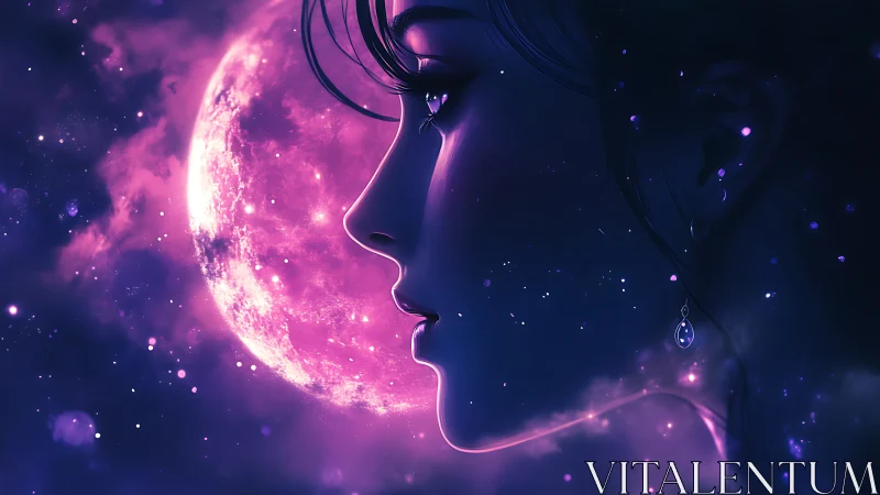 Moonlit daydream girl drifting through violet stardust.