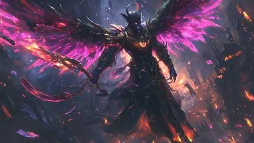 Fallen dark angel with flaming violet wings over burning city.