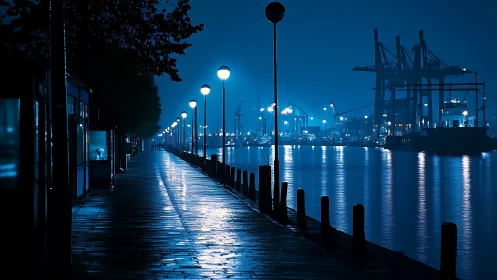 Quiet blue harbor walkway glowing with gentle night lights.