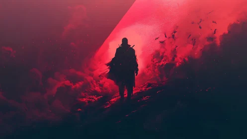 Lone silhouette enters crimson storm under sharp light wedge