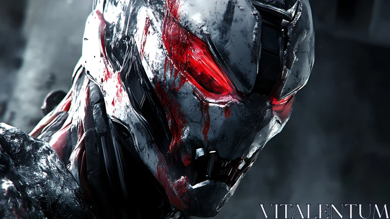 Cybernetic war machine glares with blood‑streaked metal face.