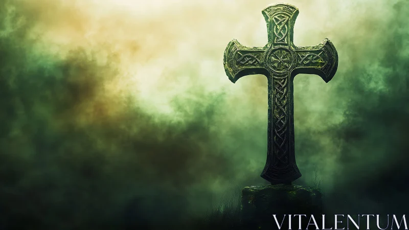 Weathered Celtic stone cross rising in luminous green mist