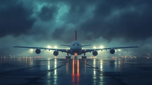 Midnight runway calm with a waiting wide body jetliner.