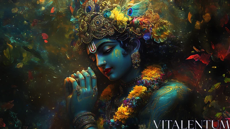 Blue-skinned figure with ornate floral headdress holds hands together