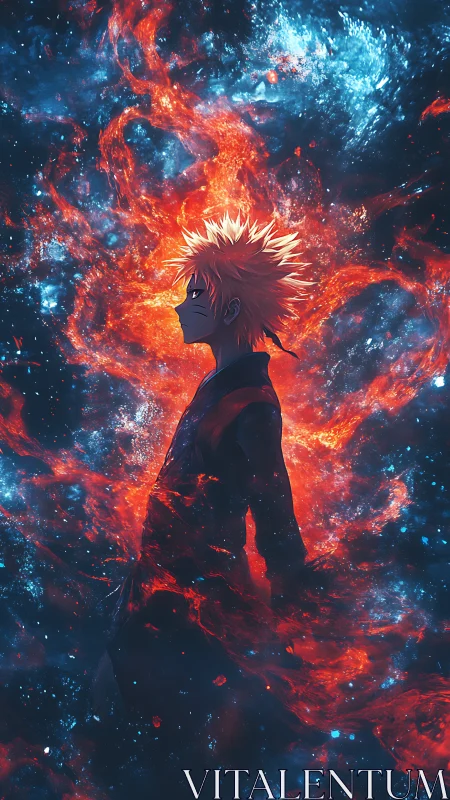 Side-profile anime figure amid red energy and stars.