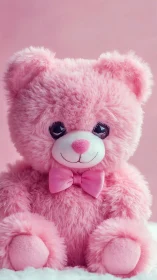 Pink plush teddy bear sits centered against soft backdrop