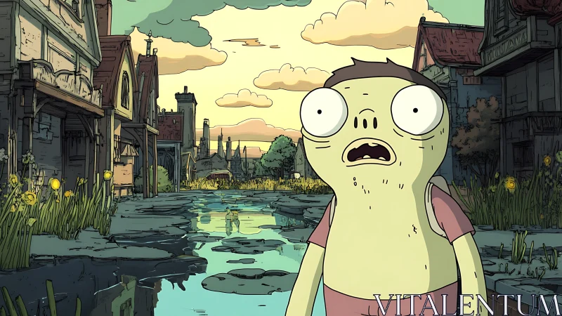 Bug-eyed wanderer gawks at swampy medieval main street.