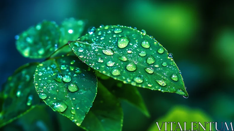 Morning dew glistens on lush green leaves in soft focus
