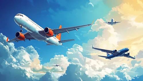 Jetliners choreograph a sunlit waltz through towering clouds