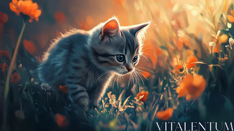 Tabby Kitten in Golden Poppy Field at Sunset Light