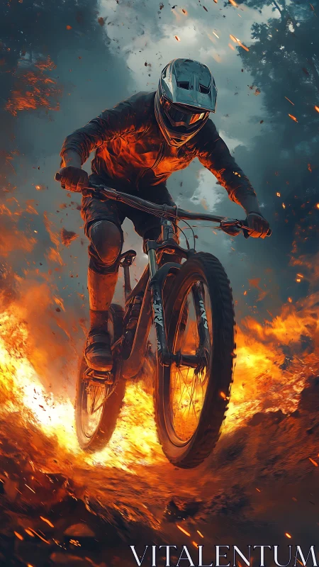 Downhill mountain biker jumping through blazing firestorm.