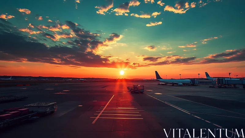 Commercial airport apron under vivid sunset sky period