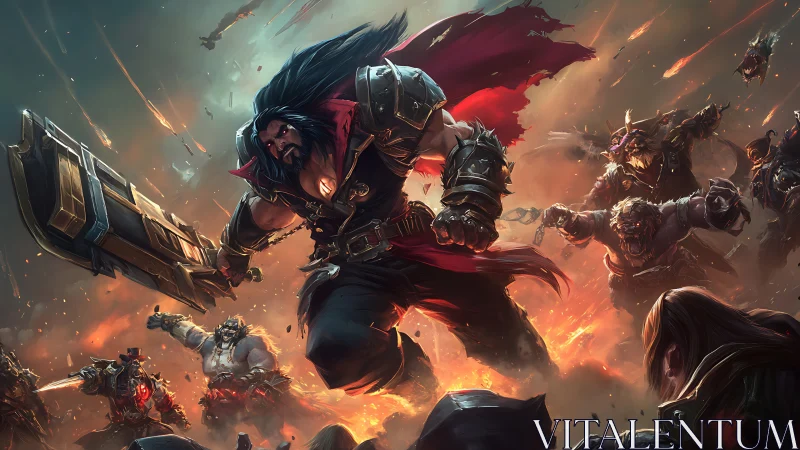 Armored barbarian warlord leaping into explosive battlefield charge