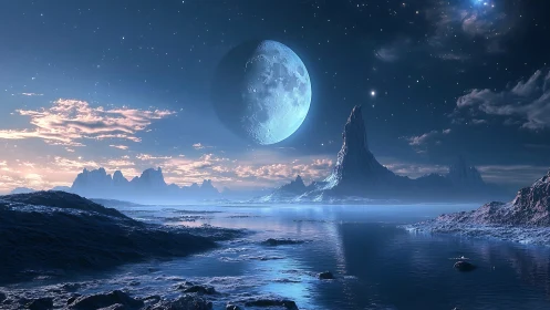 Lunar-illuminated alien seascape with stratified rock spires and mist