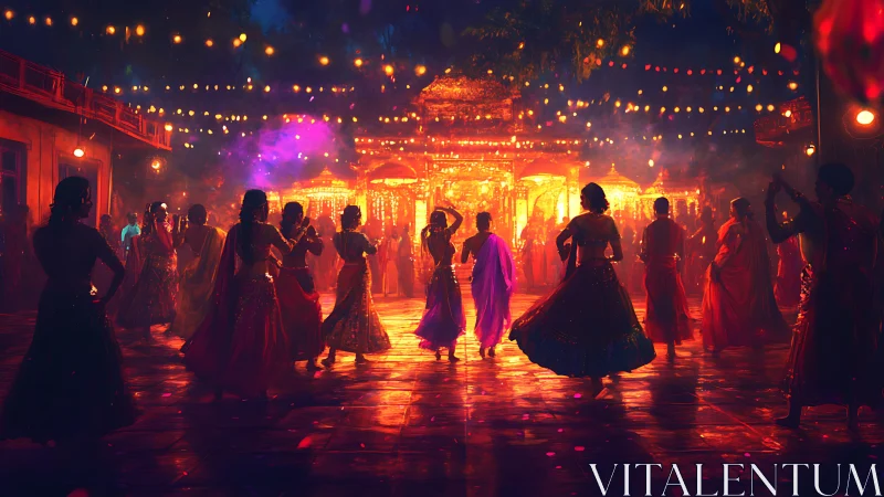 Nighttime Indian courtyard dance under bokeh festival lights