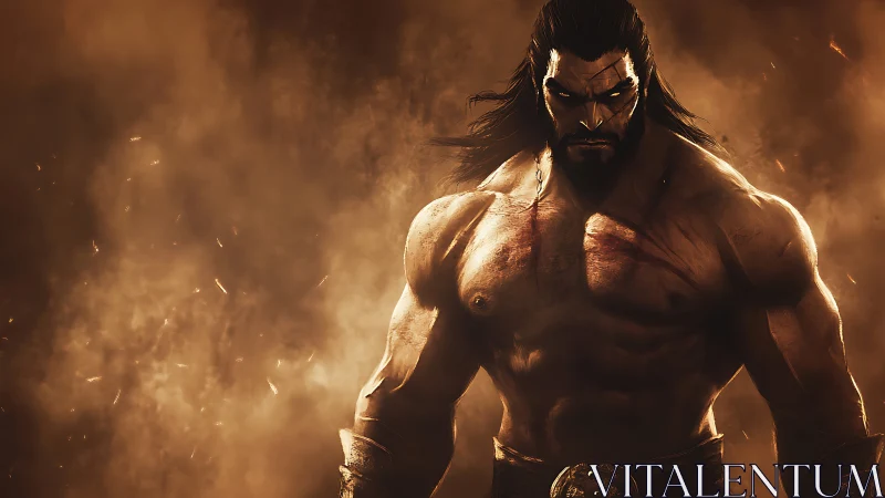 Battle-scarred warrior stands amid burning storm of embers