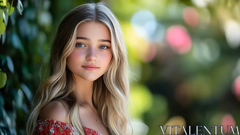 Garden's Silent Admirer: Ethereal Portrait in Blooming Light