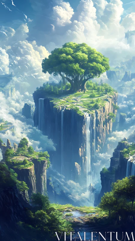 Floating cliff island with waterfalls and single tree.