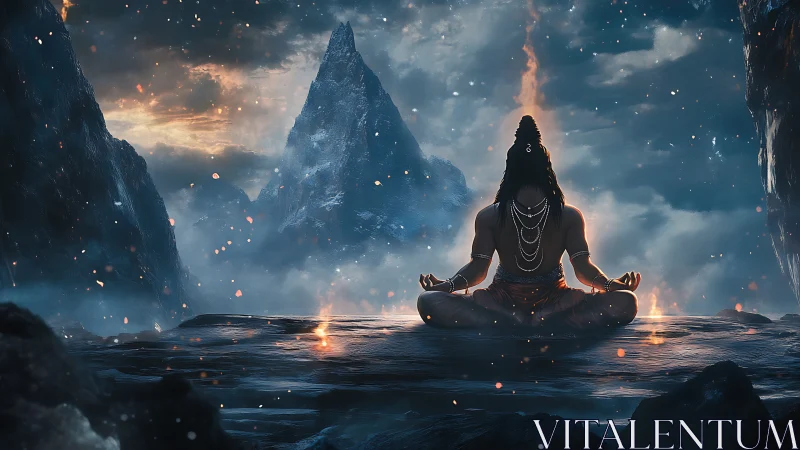 Meditating ascetic ignites cosmic fire beneath stormed peaks.